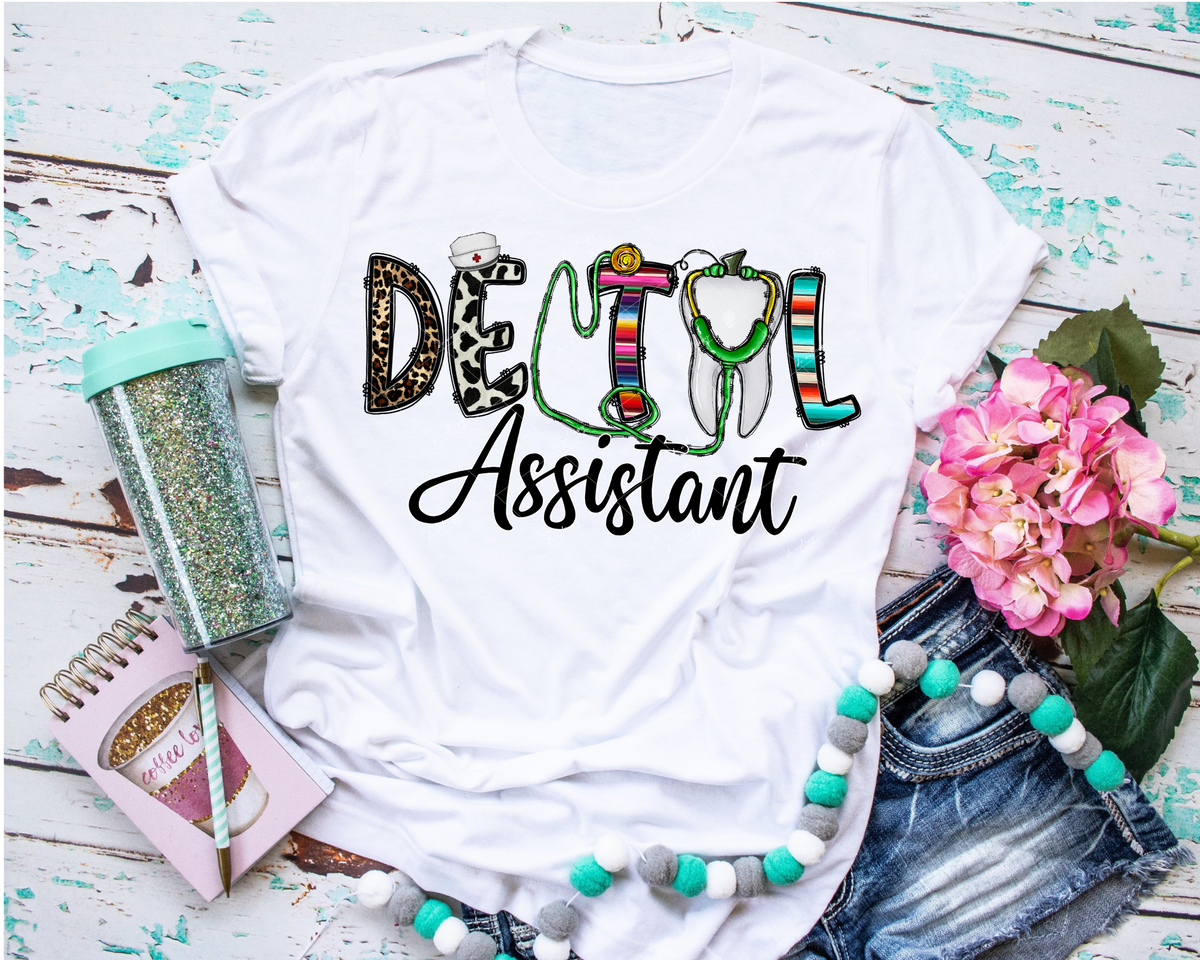 Dental Assistant (block letters filled with leopard, cow print, western stripes, tooth, stethoscope, nurse cap) 1325 TRANSFER