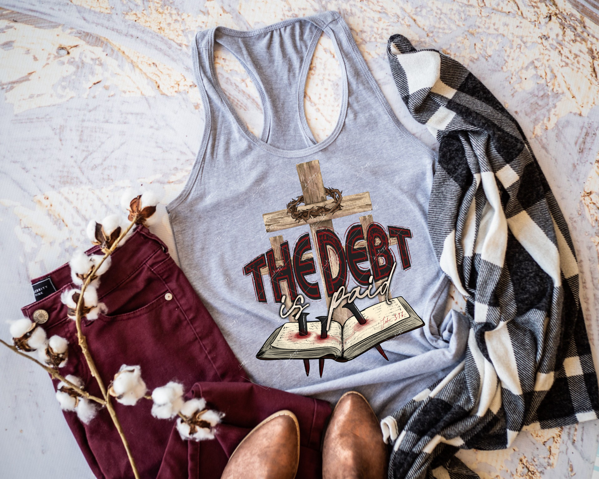 The Debt Is Paid (wooden cross, book with nails through, red & black block lettering) DTF TRANSFER