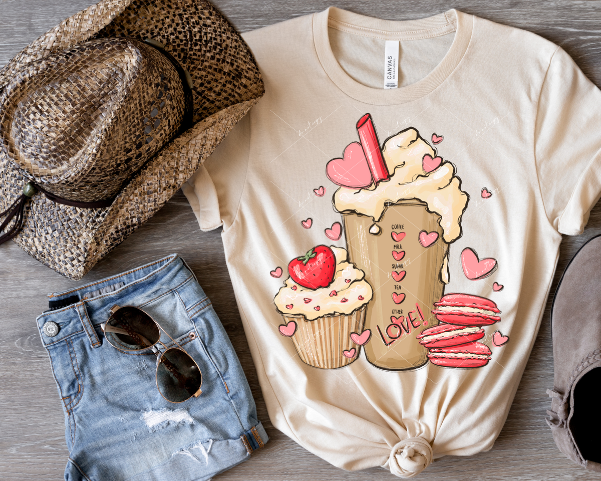 Love, coffee cup, cupcake, macrons, hearts, pink, taupe and cream colors, no shadow 112427 DTF TRANSFER
