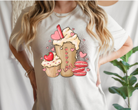 Love, coffee cup, cupcake, macrons, hearts, pink, taupe and cream colors, with leopard background DTF TRANSFER