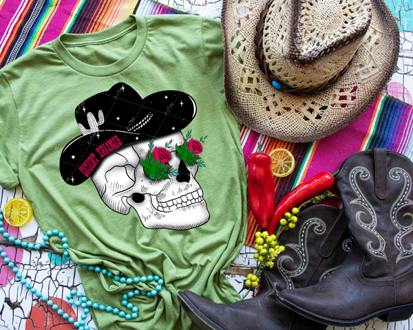 Desert Dreamer (skull with black cowboy hat, cactus flowers in eyes, bright pink distressed lettering) 9041 DTF TRANSFER