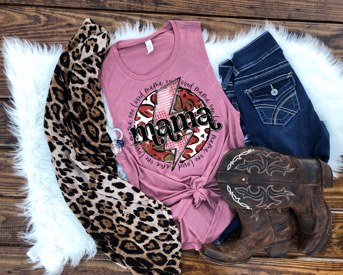 One Loved Mama (circle of loved mama handwriting, circle filled red hearts, lightning bolt with pink texture) 1961 DTF TRANSFER