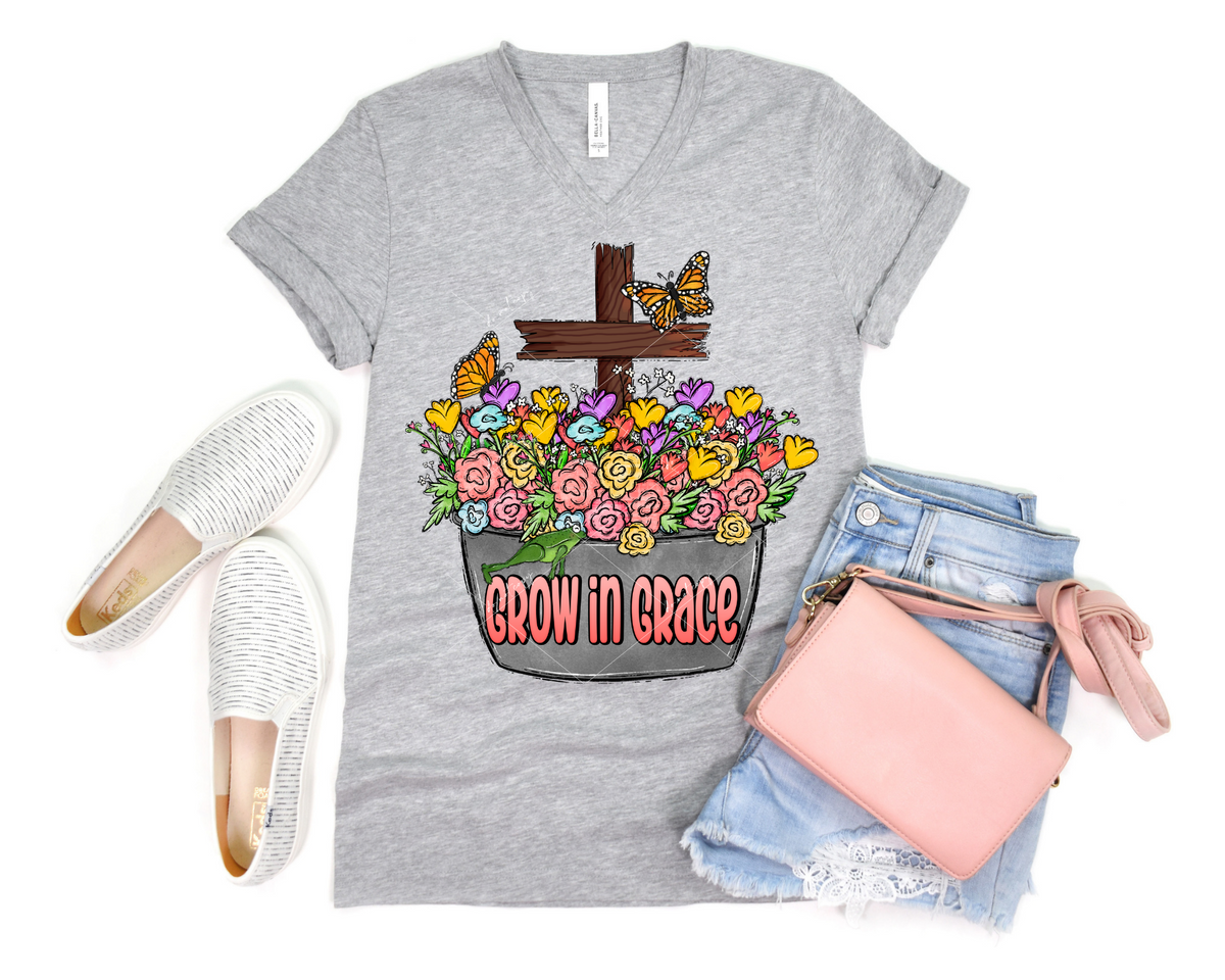 Grow In Grace (pot full of flowers, wooden cross, butterflies, coral color lettering) DTF Transfer