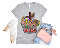 Grow In Grace (pot full of flowers, wooden cross, butterflies, coral color lettering) DTF Transfer