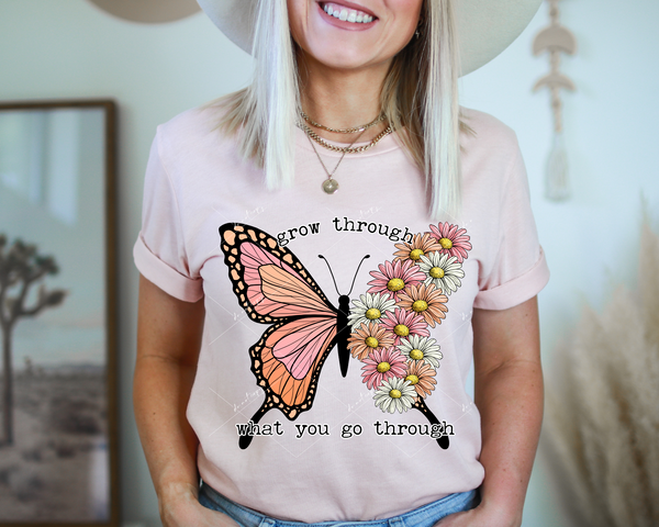 Grow Through What You Go Through (peach, coral, pink, half butterfly and daisies, type font) 8929 DTF Transfer