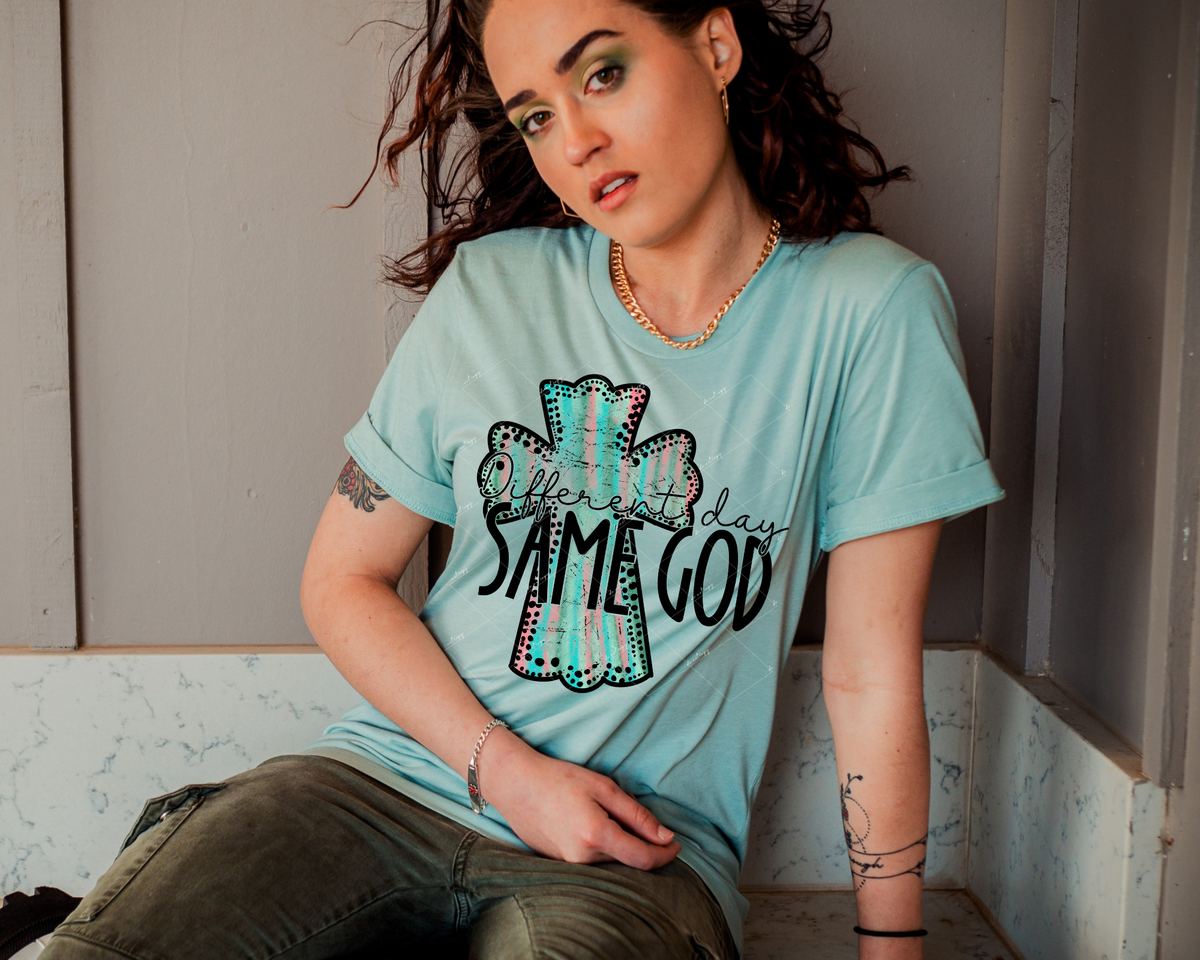 Different Day Same God (large cross, teal, coral colors, black lettering) 9042 DTF TRANSFER