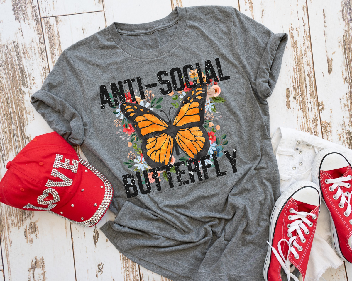 Anti-Social Butterfly Orange Butterfly Black Font 321 DTF TRANSFER