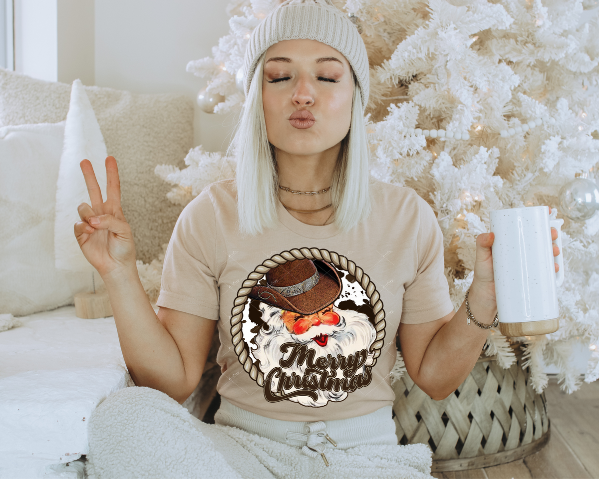 Merry Christmas (western Santa, retro, browns) 1124 DTF TRANSFER