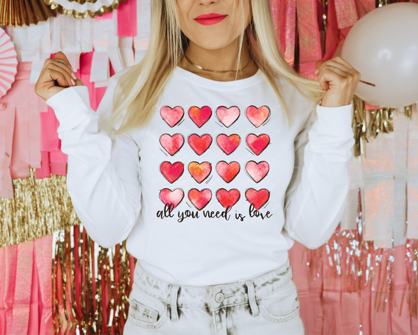 All you need is love (rows of tie dye hearts reds and pinks) 1211 DTF TRANSFER