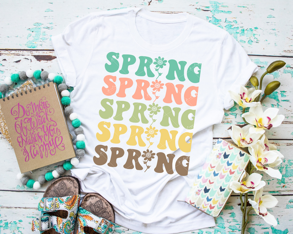 Spring stacked (teal, coral, green, yellow, tan colored 70's vibe font) 1846 DTF TRANSFER