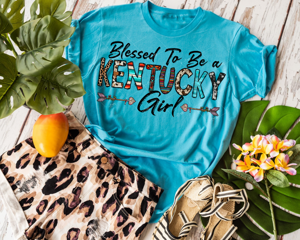 Blessed To Be a Kentucky Girl (black marker lettering, block lettering fill with western designs, two arrows) 1238 DTF TRANSFER