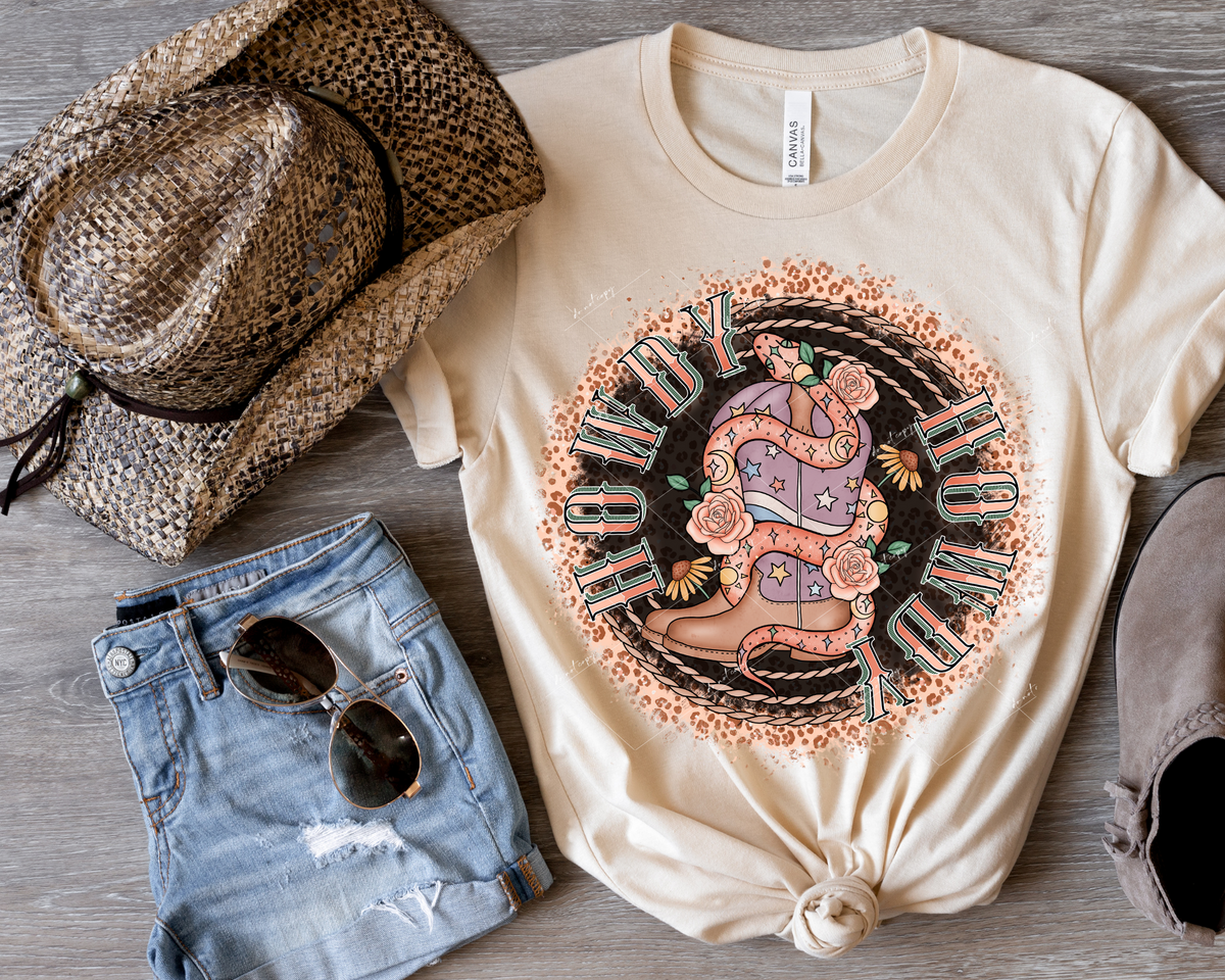 Howdy Howdy (rope frame, western boots wrapped with snake, leopard print, flowers, moon, sun, stars, earthtones) 1430 DTF TRANSFER