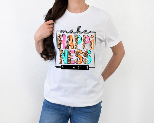 Make Happiness A Habit (leopard print and bright color black letters, black handwriting, frame, solid black block) 8932 DTF Transfer