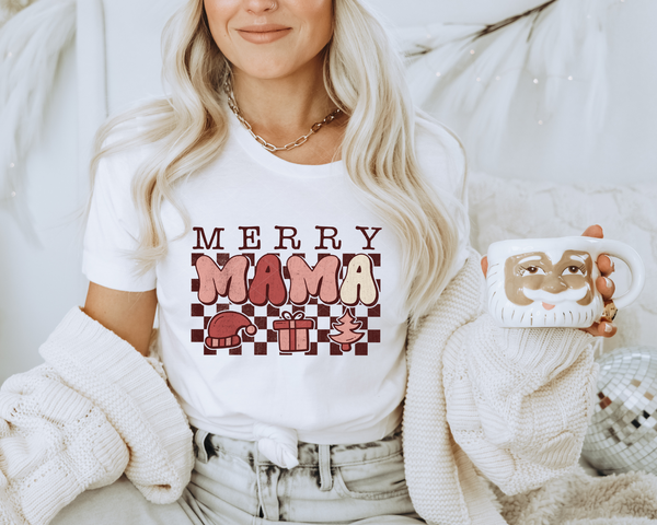 Merry Mama Checkered Santa Hat Gift Tree Retro Christmas DTF TRANSFER