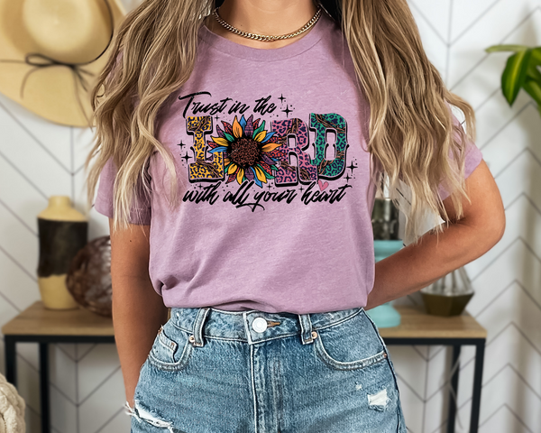 Trust in the Lord with all your heart (yellow, pink, and teal leopard prints, sunflower colorful, black lettering) 1344 DTF TRANSFER
