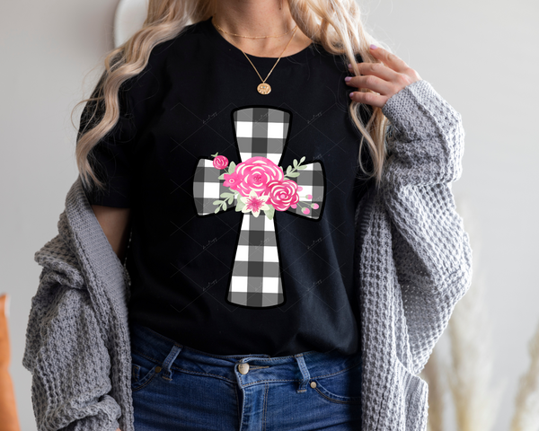 Cross (black & white plaid, pink floral) 1308 DTF TRANSFER