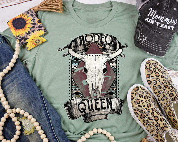 Rodeo Queen (cow skull, southwestern design background, ribbon banner with black distressed lettering) 1964 DTF TRANSFER