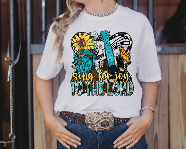 Sing For Joy To The Lord (music notes, guitar, sunflower, cowboy boots, butterfly, turquoise and yellow colors) 8933 DTF Transfer