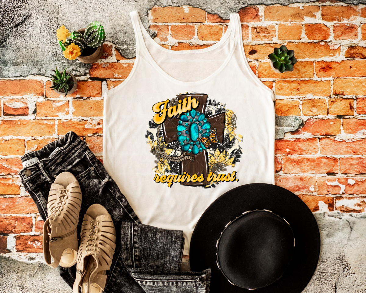 Faith Requires Trust (wooden cross, turquoise stone, sunflowers, cow print, butterfly, yellow lettering) 8935 DTF TRANSFER