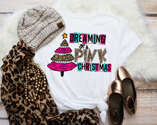 Dreaming Of A Pink Christmas (tree with star retro look, box fonts, bright pink and blue, leopard print) 1356 DTF TRANSFER