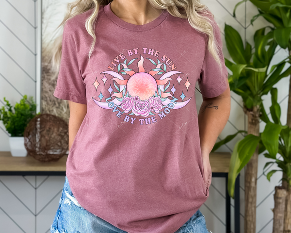 Live by the Sun Love by the Moon (sun, flowers, coral, light green, purples, orange pastel colors) 1432 DTF TRANSFER