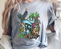 Live Like You Are Dying (cowboy boots & hat, desert landscape background, cactus, eagle, rope frame) 8863 DTF Transfer