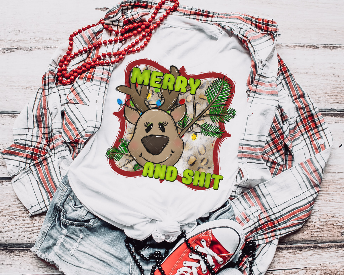 Merry And Shit Green Font Reindeer Christmas 112242 DTF TRANSFER