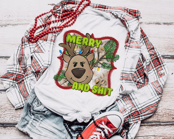 Merry And Shit Green Font Reindeer Christmas DTF TRANSFER