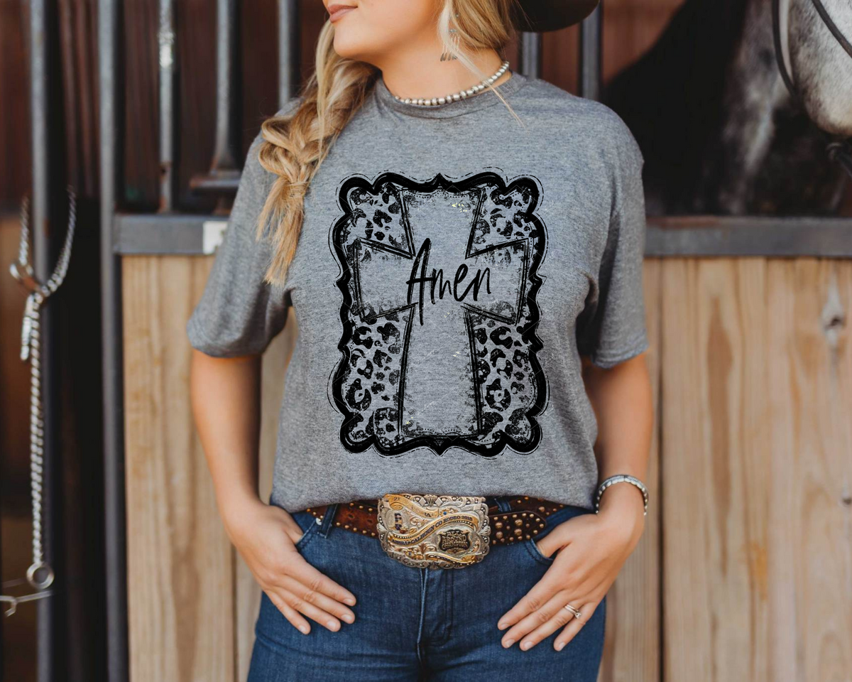 Amen (black frame, black leopard print, black outline cross with black lettering) 1966 DTF TRANSFER