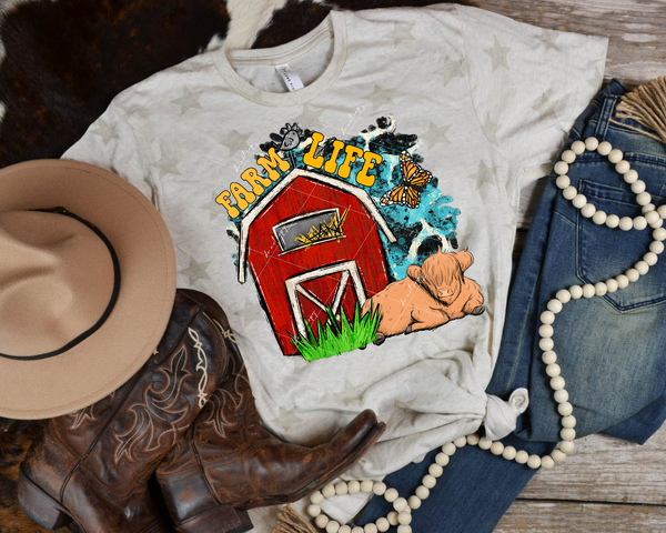 Farm Life (heifer, red barn, cow print, turquoise, yellow lettering) 2369 DTF Transfer