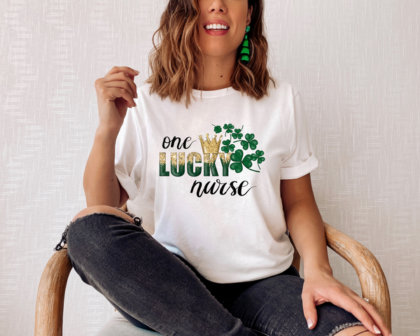 One Lucky Nurse (gold crown, St. Patrick clovers, gold glitter) 8870 DTF Transfer