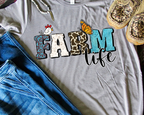 Farm Life (chicken and butterfly, block lettering with turquoise and earth tone textures, black handwriting lettering) 2370 DTF TRANSFER