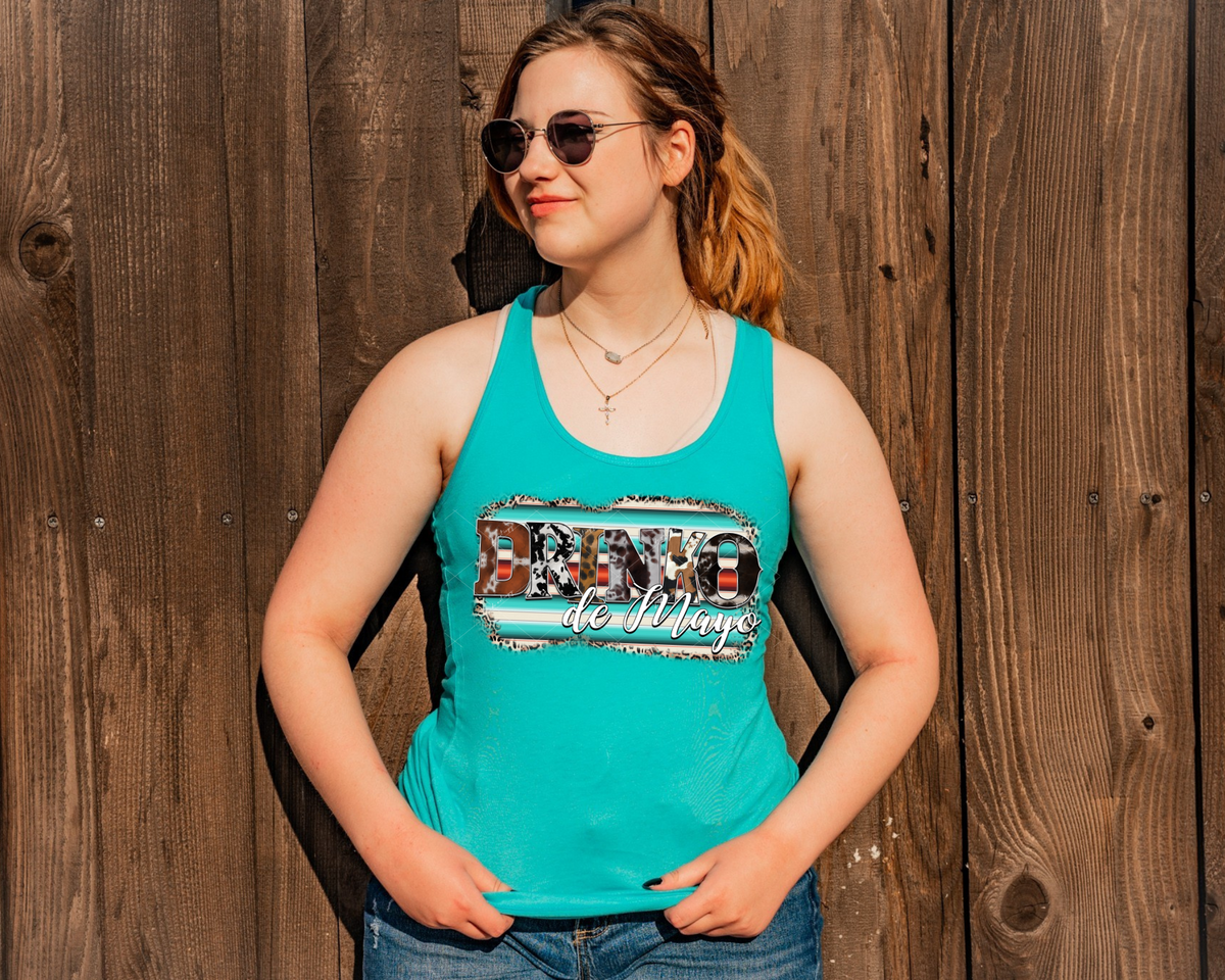 Drinko de Mayo (leopard with western strip print background, western block lettering with cow print fill, white cursive with black outline lettering) 1359 DTF TRANSFER