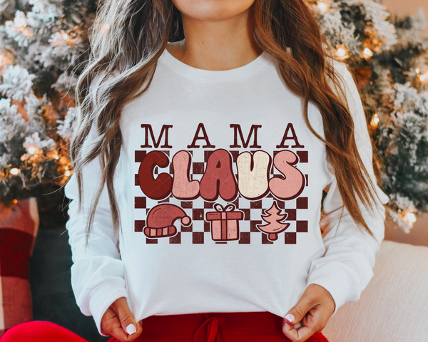 Mama Claus Retro Checkered Santa Hat Gift Tree Pink Red Christmas DTF TRANSFER