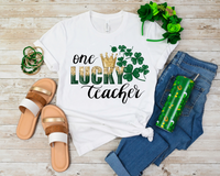 One Lucky Teacher (gold crown, St. Patrick clovers, gold glitter) 8867 DTF Transfer