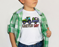 Easter Day (green tractor with bunny driving, pulling wagon with Easter eggs, block letters with leopard print and western red bandana pattern) 1366 DTF TRANSFER