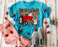 Farm Life Is The Best Life (wooden fence, red tractor, chicken, pig and butterfly, black cute lettering) 2367 DTF TRANSFER