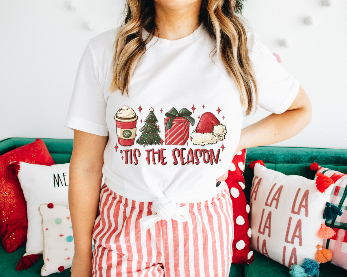 Tis The Season Coffee Cup Tree Gift Santa Hat 8648 DTF TRANSFER