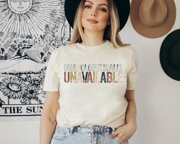 Unapologetically unavailable (distressed letters, gold, mocha, dark blue, blush) 1874 DTF TRANSFER