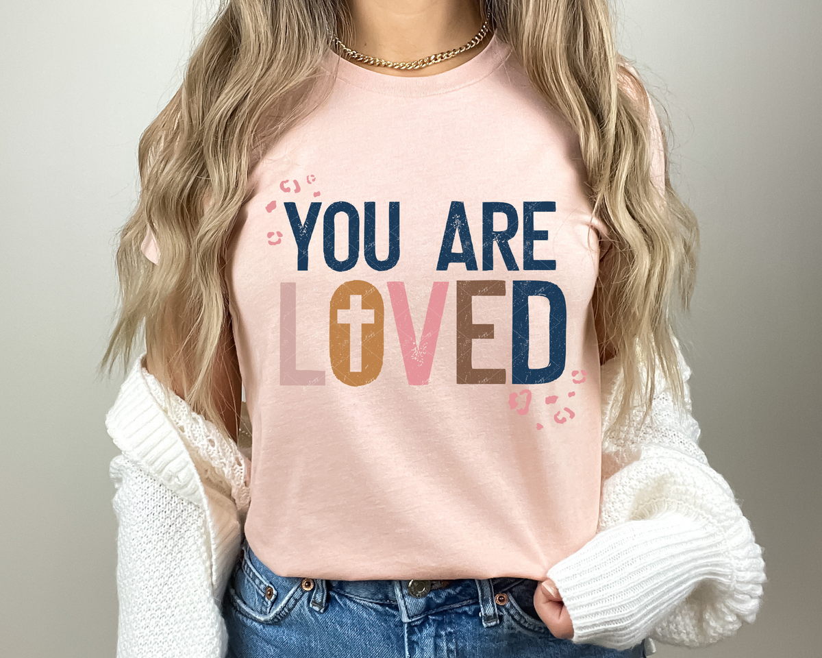 You are loved (navy blue, gold, mauve, pink colors, cross, leopard print) 112686 DTF TRANSFER