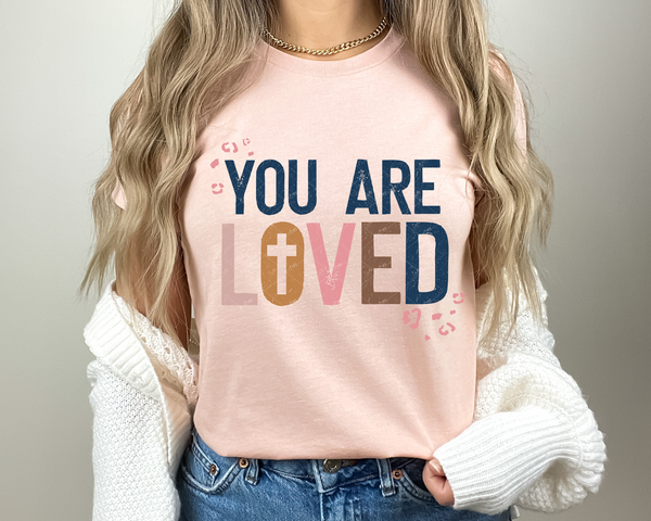 You are loved (navy blue, gold, mauve, pink colors, cross, leopard print) DTF TRANSFER