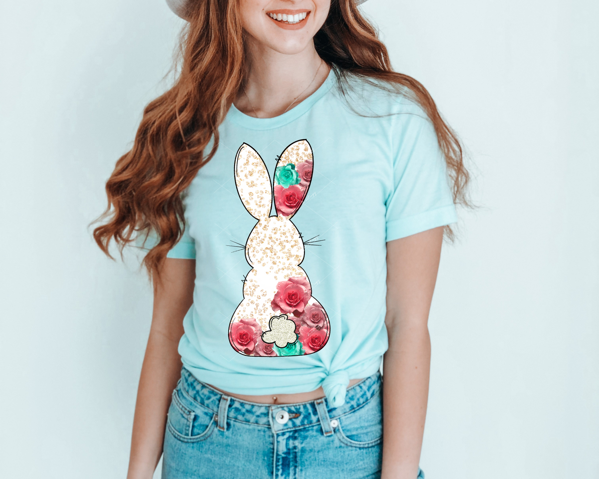 Easter bunny, gold glitter with mauve floral, glitter tail 1368 DTF TRANSFER