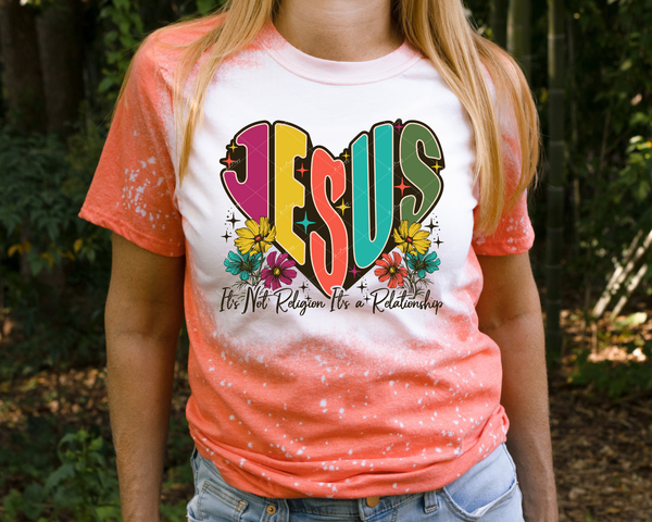 Jesus It's Not Religion It's a Relationship (Jesus shaped as heart, bright colors, flowers, black cursive lettering) 1352 DTF TRANSFER