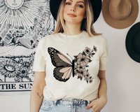 Butterfly & flowers, cream, gray and black colors 8937 DTF Transfer