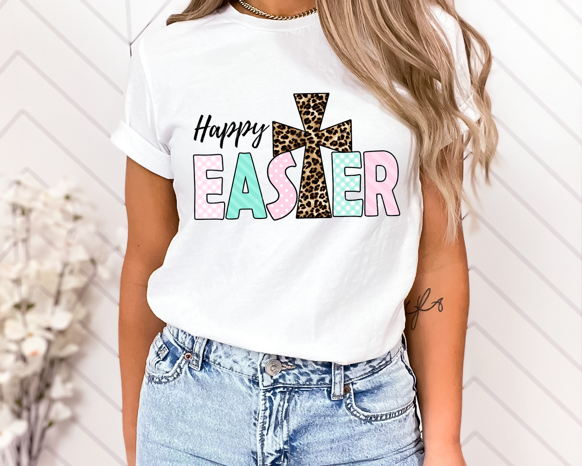 Happy Easter (leopard cross, pink & white polka dots, plaid & stripes, mint green stripes & plaid designs) 1369 DTF TRANSFER