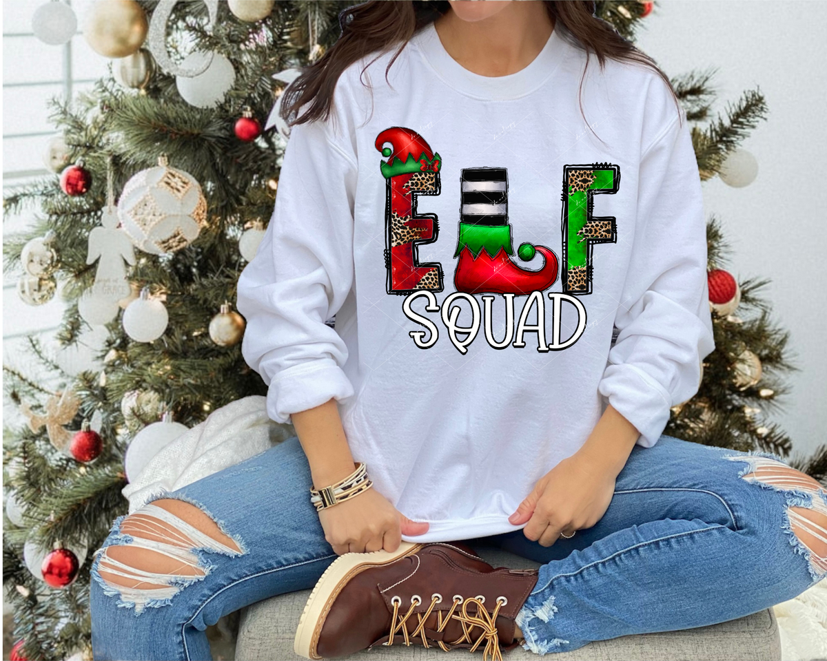 Elf Squad (elf hat, Christmas color elf lettering with leopard print, white with black outline lettering) 1371 DTF TRANSFER