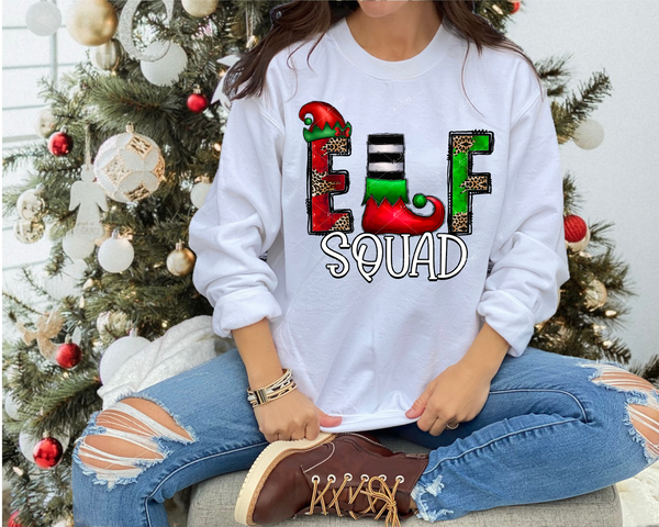 Elf Squad (elf hat, Christmas color elf lettering with leopard print, white with black outline lettering) 1371 DTF TRANSFER