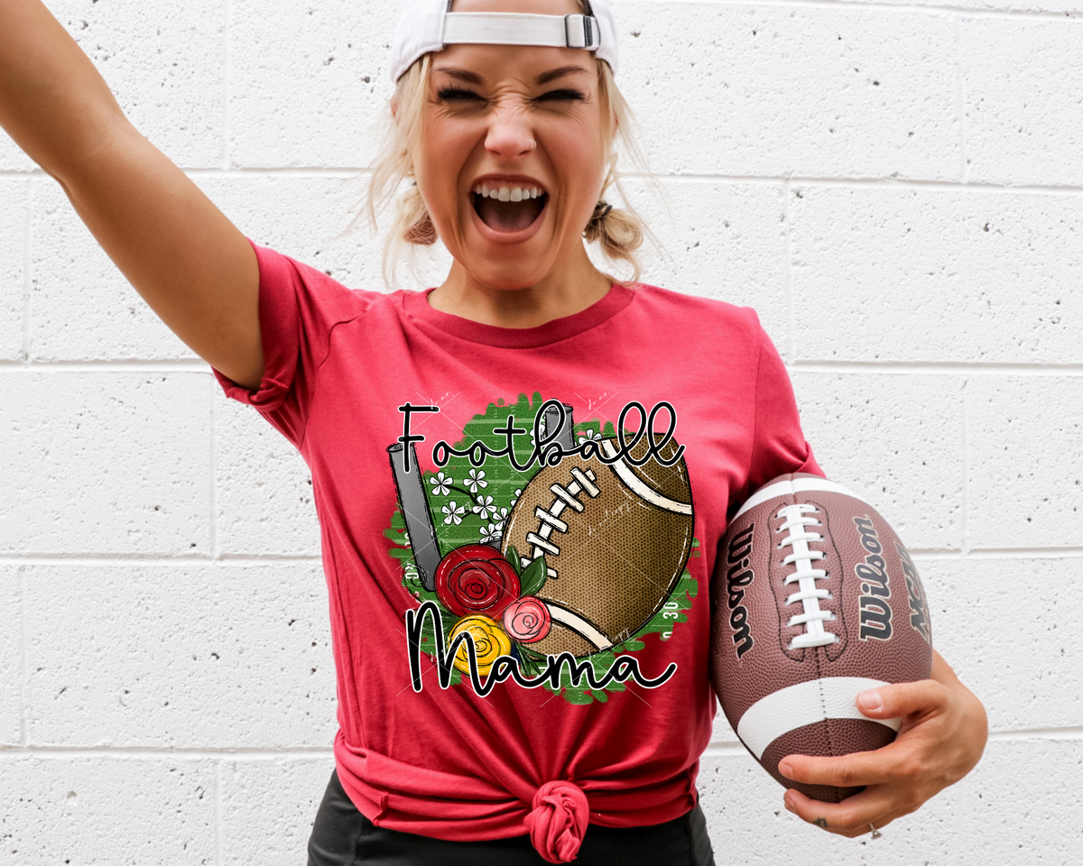Football Mama (football, green field, goal post, rosettes, black lettering) 2489 DTF Transfer