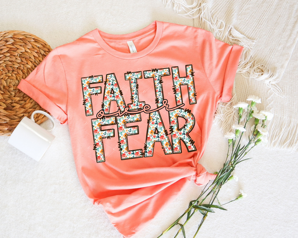 Faith over fear (block lettering, mint green, coral, gold, tiny floral design) 1380 DTF TRANSFER