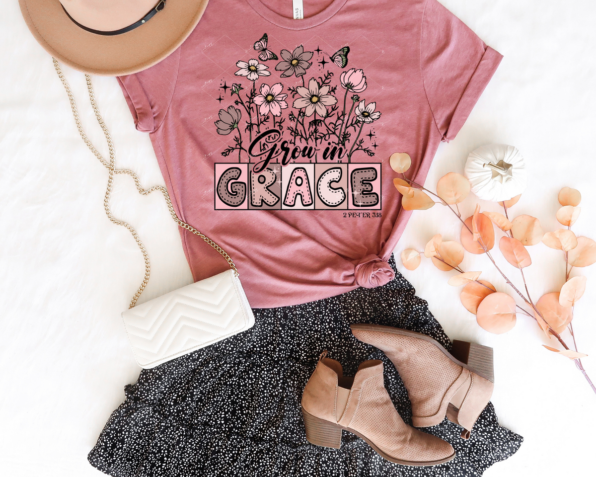 Grow In Grace (creamy pinks, bubble lettering in blocks, flowers) 1355 DTF TRANSFER